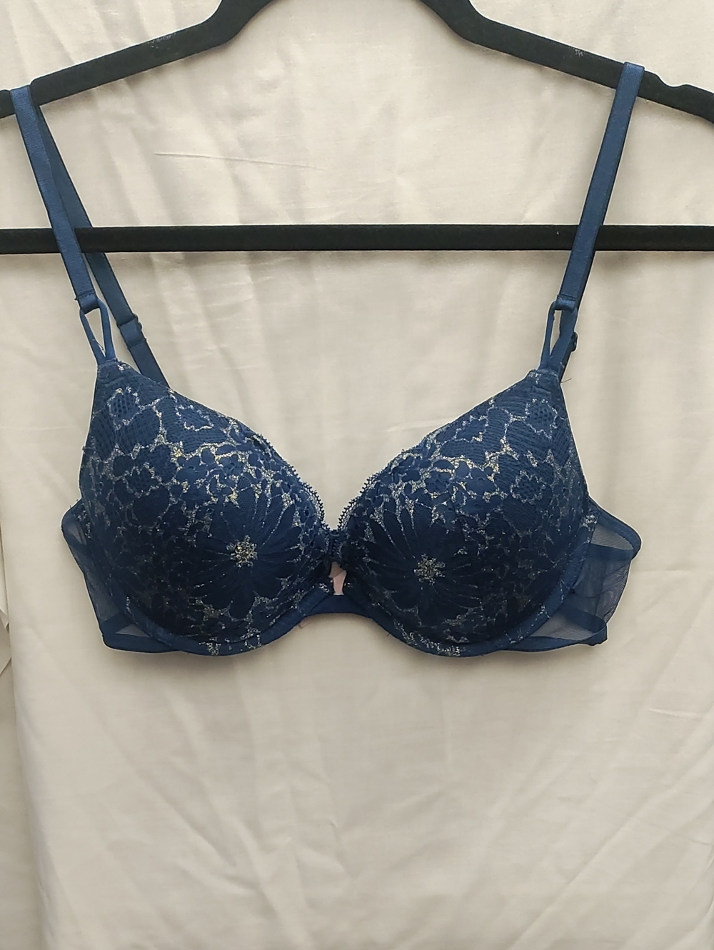 Victoria's Secret Navy Lace Push-Up Bra with Metallic Accents